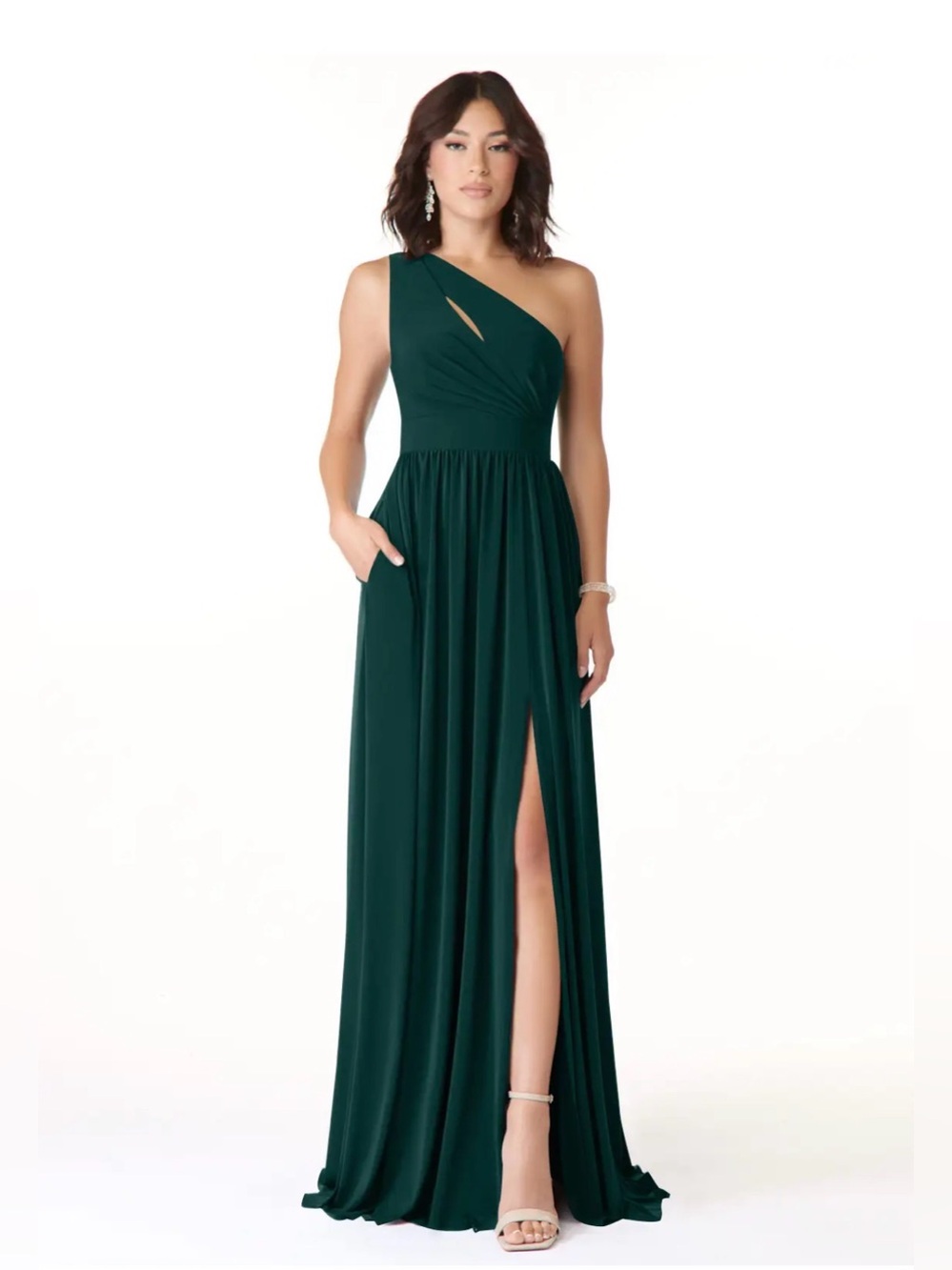 New Azazie Jasna Stretch Pine A-Line One Shoulder Luxe Knit Dress Size A8